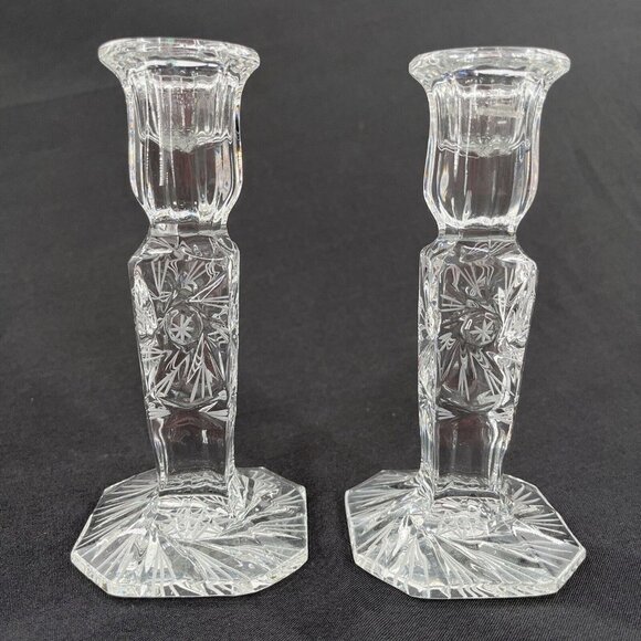 American Brilliant Crystal Star Pattern Candlesticks Pair 5.75" Tall RARE - Picture 1 of 7